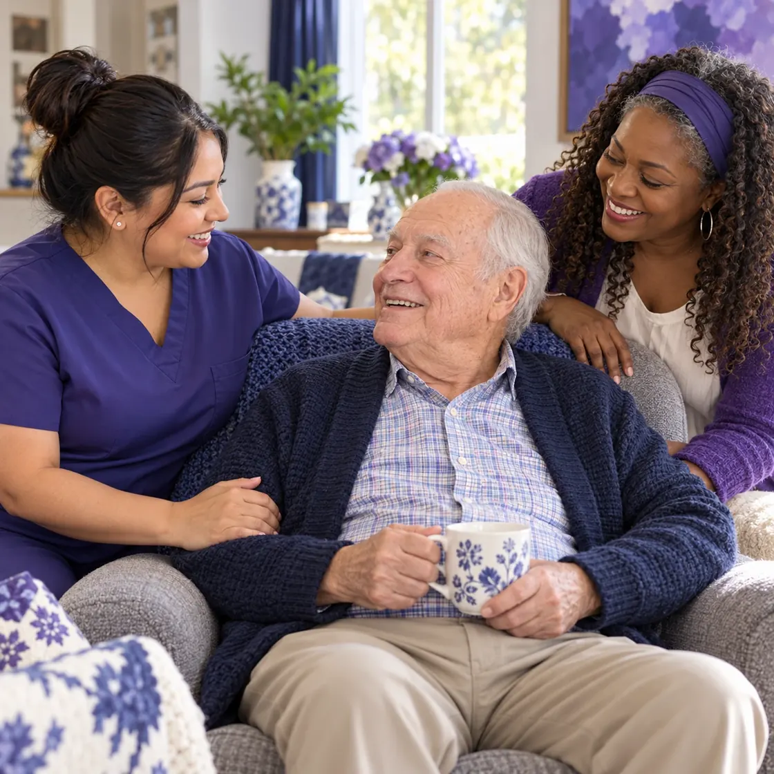 Two caregivers sharing a warm moment with an older man holding a cup of tea in his living room