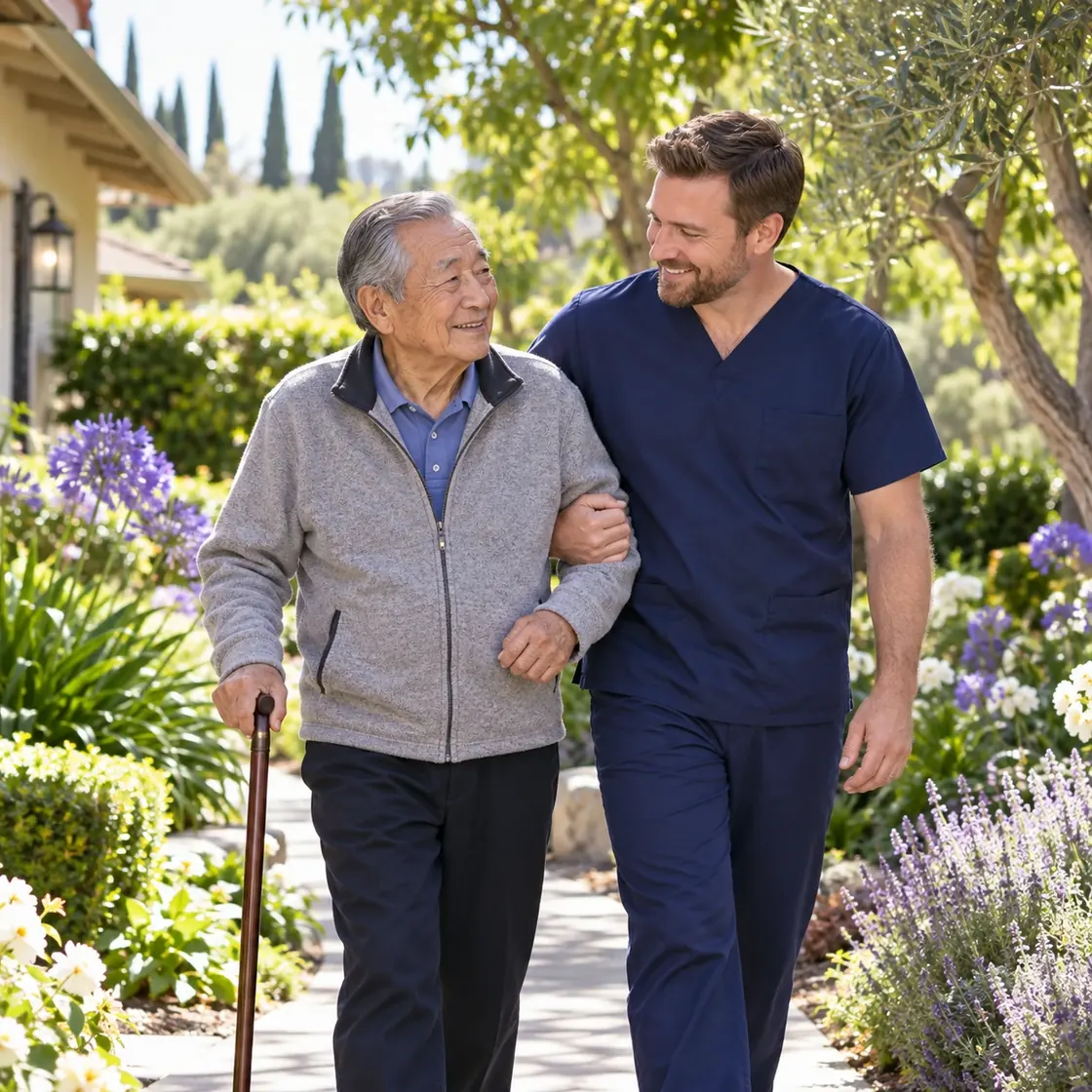 A caregiver walking arm in arm with an older man along a garden path