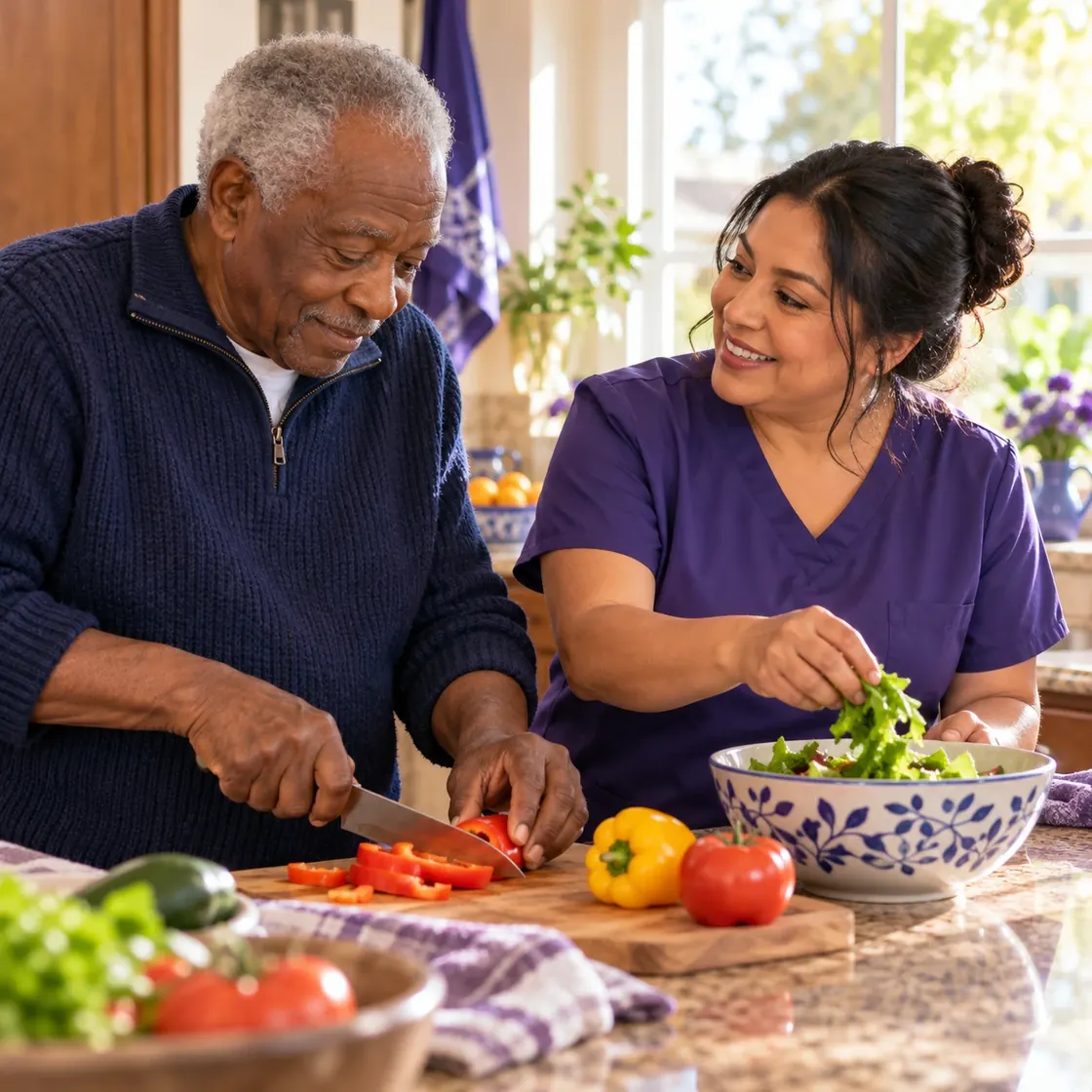 An older man and a caregiver preparing a fresh salad together in a sunny kitchen