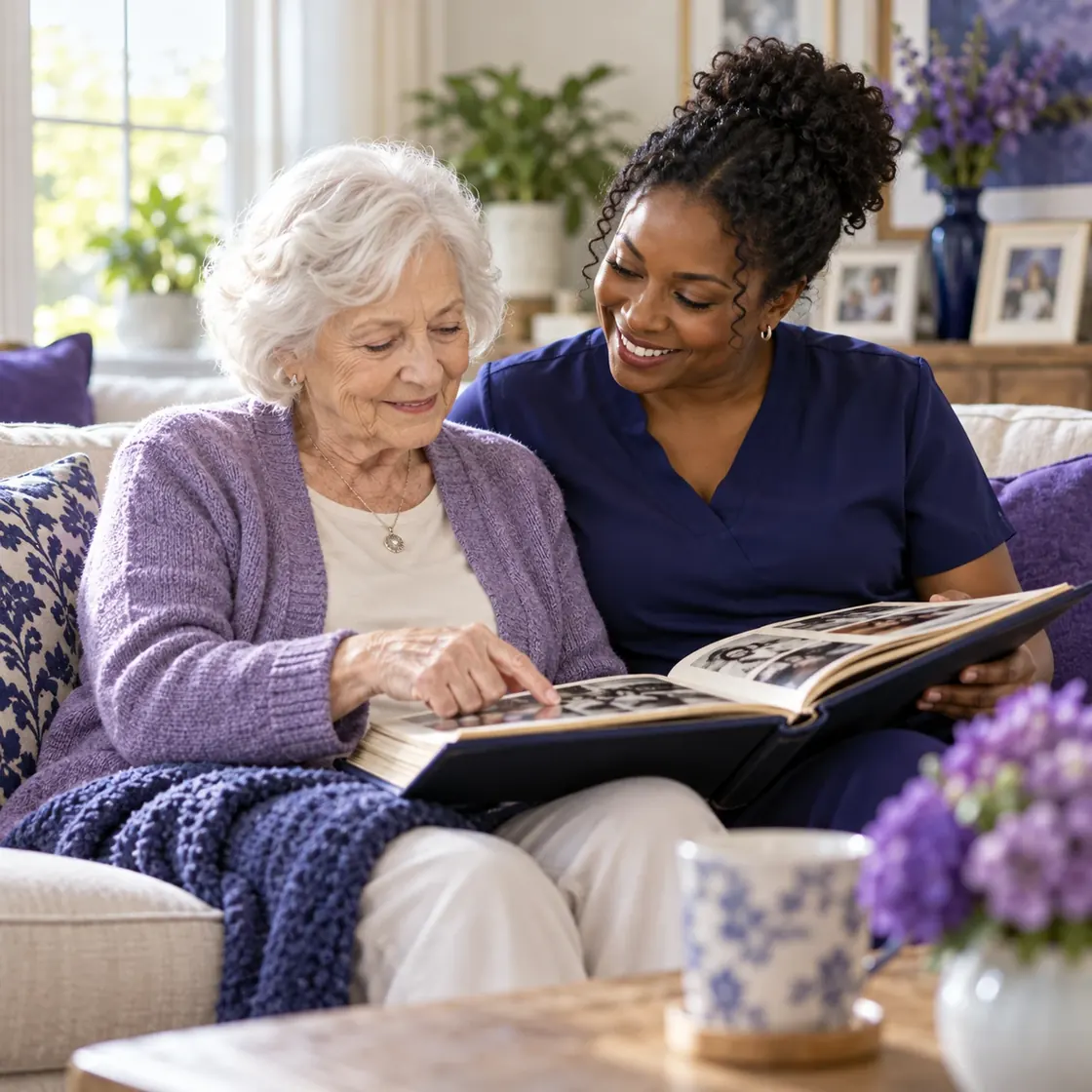 A caregiver and an older woman smiling together as they look through a photo album on a living room sofa