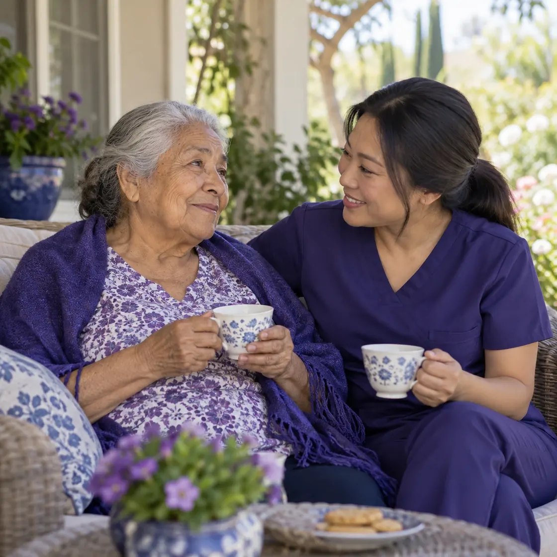 An older woman and a caregiver sharing tea and conversation on a garden porch